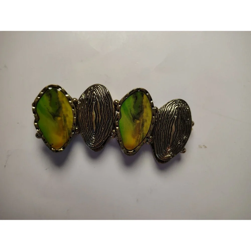 Vintage Style Chunky Stretch‎ Cuff Bracelet Green Marbled Resin Gold Tone Metal